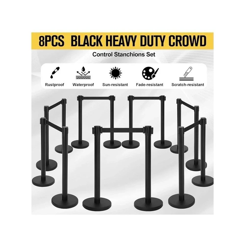 8PC Stanchion Post Crowd Control Queue Barrier 2 Sign Holders 8.2 Ft Retractable